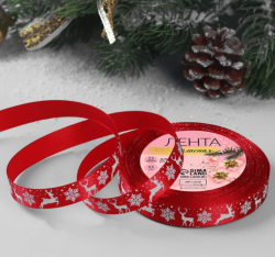 Изображение Лента атласная «Олени», 15 мм, 23 ± 1 м, цвет красный №33